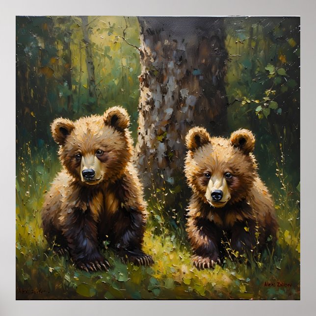 Adorable Twin Bear Cubs in a Sunlit Forest Clearin Poster (Front)