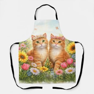 Adorable Twin Orange Tabby Cats with Flower Crowns Apron