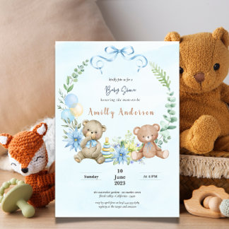 Adorable twins teddy bear floral baby shower invitation