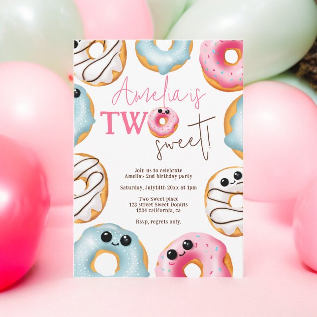 Adorable Two sweet cute doughnuts 2nd birthday  Invitation (Adorable Two sweet cute donuts 2nd birthday Invitation)