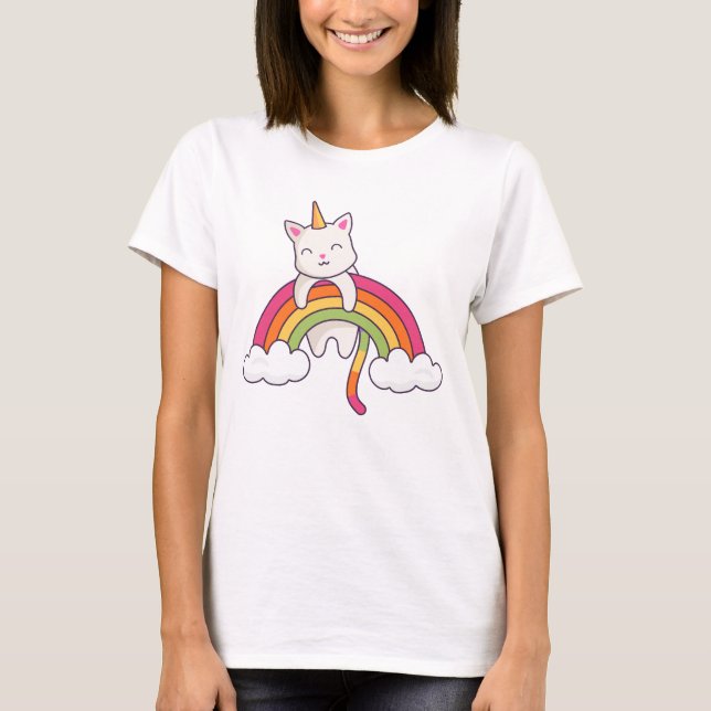 Adorable Unicorn Cat and Rainbow T-Shirt (Front)