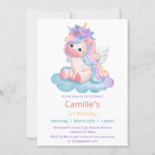 Adorable unicorn floral rainbow girl birthday invitation