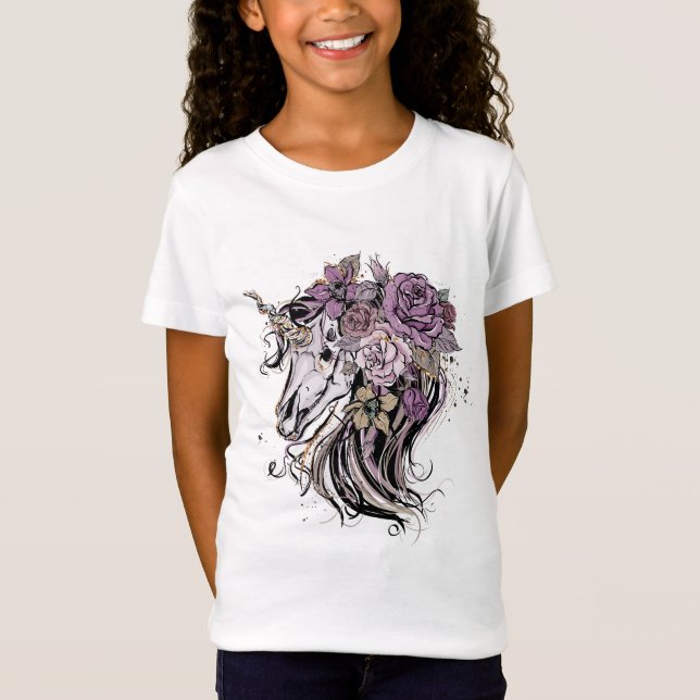 Adorable Unicorn Skull and Flowers Boho T-Shirt (Front)