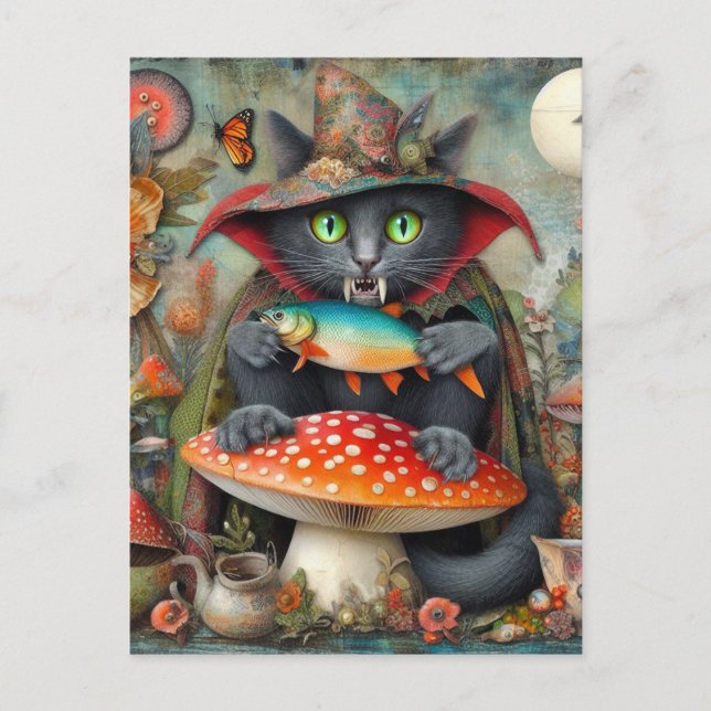 Adorable Vampire Cat With a Fish on a Mushroom Postcard (Front)