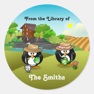 Adorable Vegetable Farmer Gardener Penguin Couple Classic Round Sticker