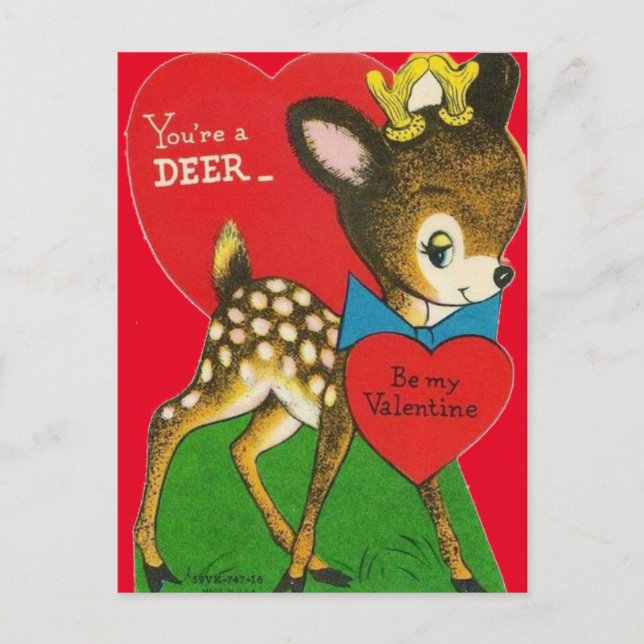 Adorable Vintage Baby Deer Valentine Postcard (Front)