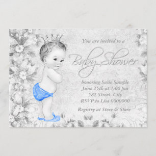 Adorable Vintage Boys Blue and Grey Baby Shower Invitation