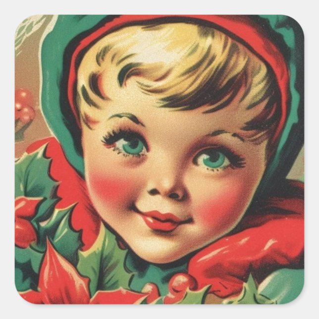 Adorable Vintage Christmas Elf Square Sticker (Front)