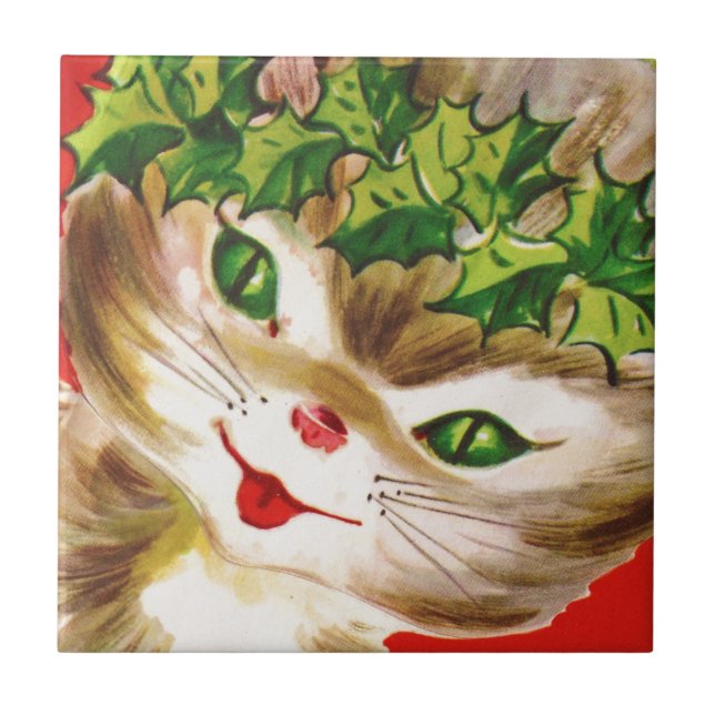 adorable vintage Christmas kitty Tile (Front)