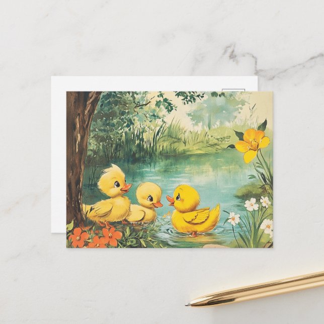 Adorable Vintage Ducklings Postcard (Front/Back In Situ)