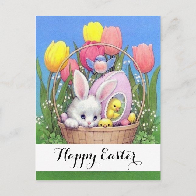 Adorable Vintage Easter Basket Postcard (Front)
