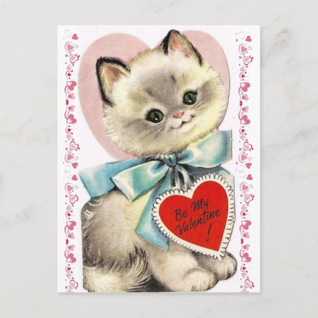Adorable Vintage Kitten Cat 1950's Valentine Postcard (Front)