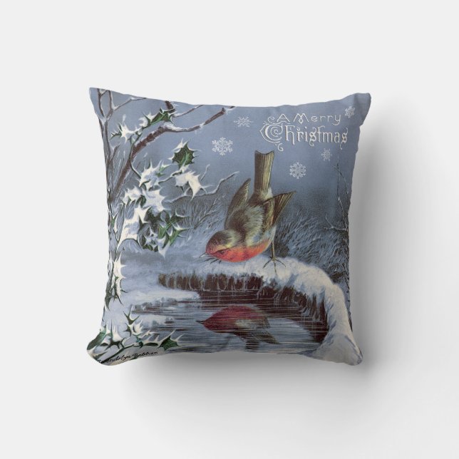 Adorable vintage Merry Christmas pillow with bird! (Front)