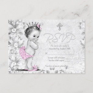 Adorable Vintage Pink and Grey Baptism RSVP Card