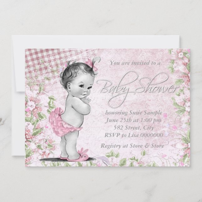 Adorable Vintage Pink Baby Shower Invitation (Front)