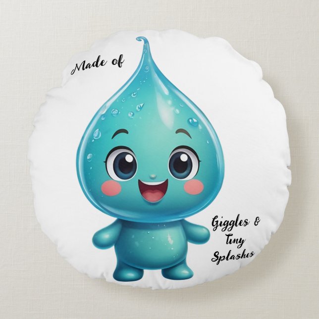 Adorable Water Droplet Cartoon Character – Cute Round Cushion (Front)