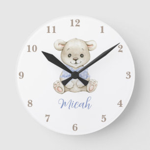 Adorable Watercolor Baby Bear Blue Bow Round Clock