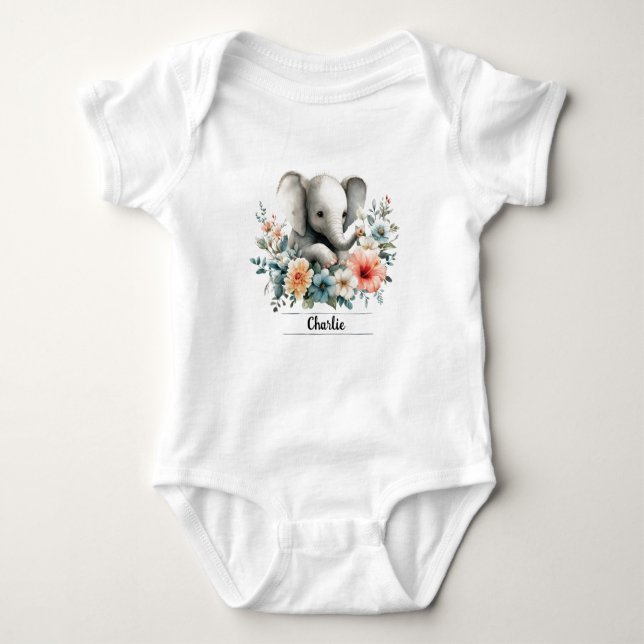 Adorable Watercolor Baby Elephant with Custom Name Bodysuit (Front)