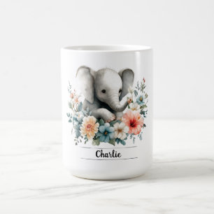 Adorable Watercolor Baby Elephant with Custom Name Coffee Mug