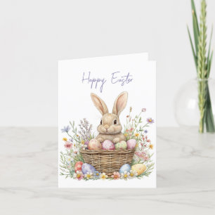Adorable Watercolor Bunny and Easter Egg Floral  Holiday Card