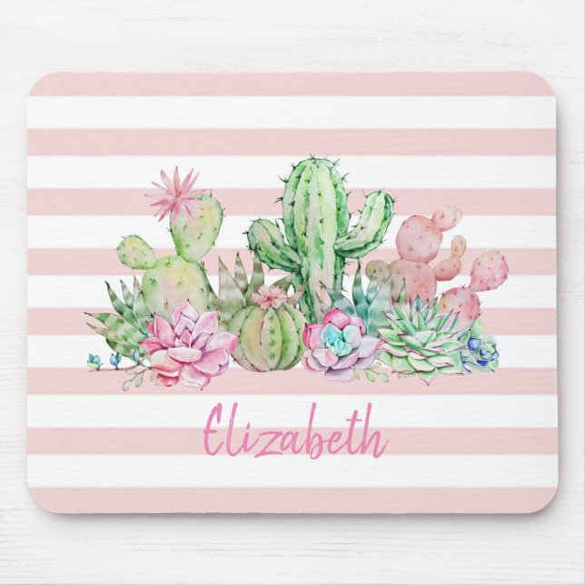Adorable Watercolor Cactus,Succulent Pink Stripes Mouse Pad (Front)