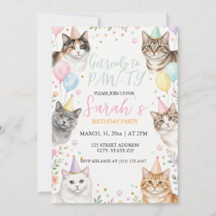 Adorable Watercolor Cat kids Birthday Invitation