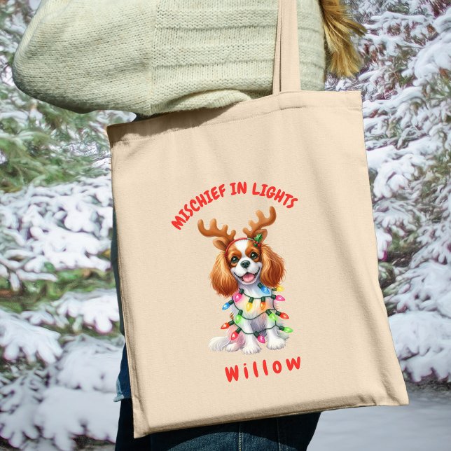 Adorable Watercolor Cavalier Christmas Lights Dog Tote Bag (Carry festive cheer with this custom fun Cavalier spaniel tote bag. A perfect gift for dog lovers.)