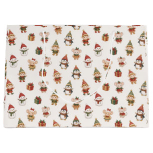 Adorable Watercolor Christmas Pattern - Elves Peng Large Gift Bag