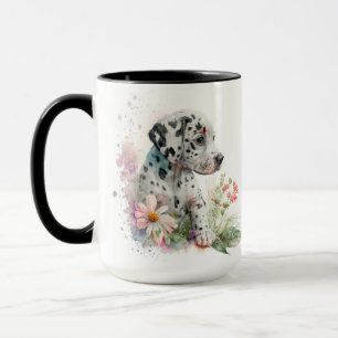 ADORABLE WATERCOLOR DALMATIAN PUPPY DOG FLOWERS MUG