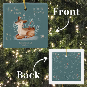 Adorable Watercolor Deer Baby Birth Stats Ceramic Ornament