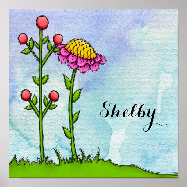 Adorable Watercolor Doodle Flower Poster (Front)