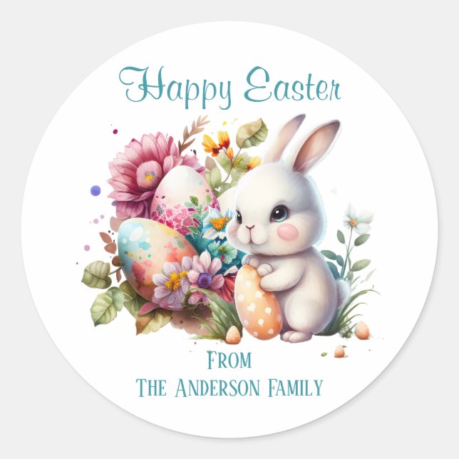 Adorable Watercolor Easter Bunny Classic Round Sticker (Front)