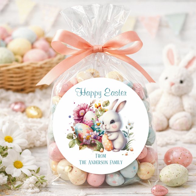 Adorable Watercolor Easter Bunny Classic Round Sticker (Creator Uploaded)