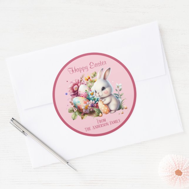 Adorable Watercolor Easter Bunny Pink Classic Round Sticker (Envelope)