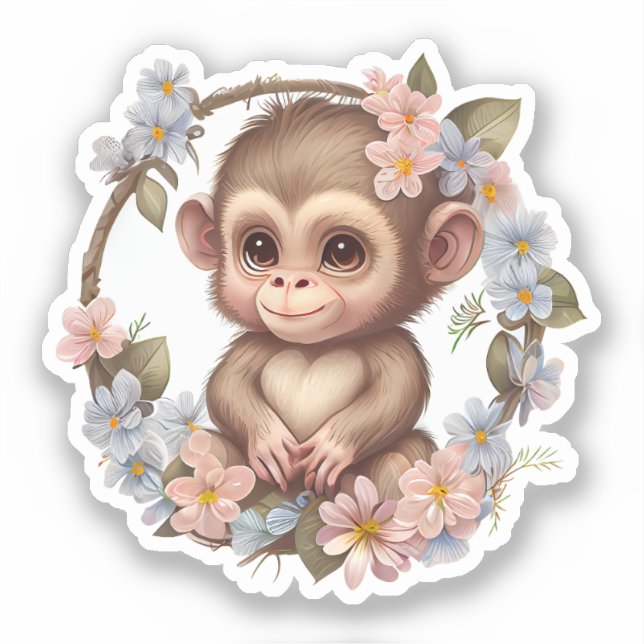 Adorable Watercolor Floral Indie Baby Monkey (Front)