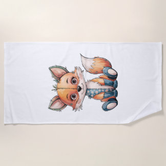 Adorable Watercolor Floral Patchwork Fox Beach Towel