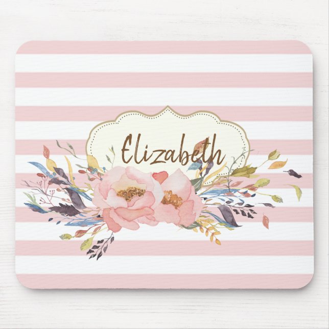 Adorable Watercolor Flowers,Stripes -Personalised Mouse Pad (Front)
