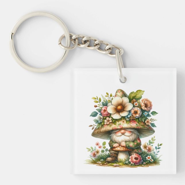 Adorable Watercolor Garden Gnome  Key Ring (Front)