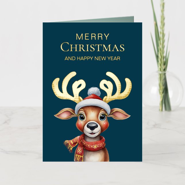 Adorable Watercolor Green Christmas Reindeer Gold Foil Holiday Card (Front)
