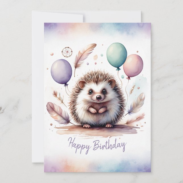 Adorable Watercolor Hedgehog Happy Birthday Holiday Card (Front)