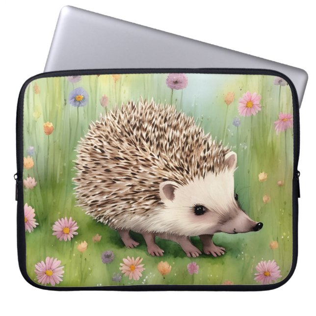 Adorable Watercolor Hedgehog With Flowers Laptop Sleeve (Front)