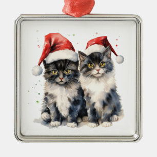 ADORABLE WATERCOLOR HOLIDAY GRAY TABBY KITTENS METAL TREE DECORATION
