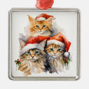 ADORABLE WATERCOLOR HOLIDAY TABBY KITTENS METAL TREE DECORATION