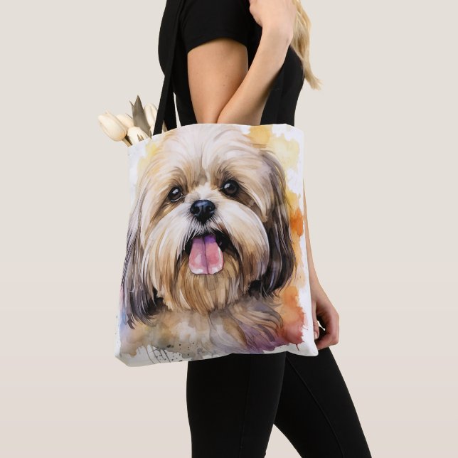 ADORABLE WATERCOLOR LHASA APSO DOG TOTE BAG (Close Up)