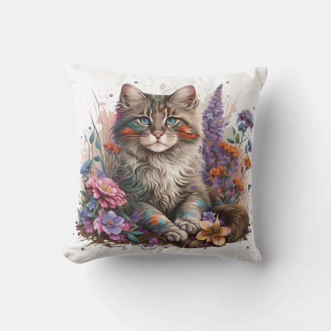 Adorable Watercolor Maine Coon Kittens Print Cushion (Front)