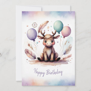 Adorable Watercolor Moose Happy Birthday Holiday Card
