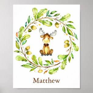 Adorable Watercolor Moose Nursery Art Poster