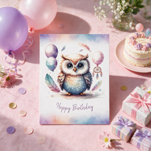 Adorable Watercolor Owl Happy Birthday Holiday Card