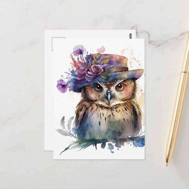 Adorable Watercolor Owl in a Hat Postcard (Front/Back In Situ)