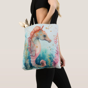 ADORABLE WATERCOLOR PASTEL SEAHORSES TOTE BAG